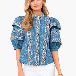 Sea New York Blue Fernanda Tile Print Puff Sleeve Button Down Top